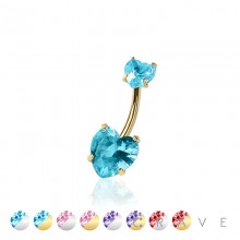 DOUBLE CZ HEART PRONG SET CZ 316L SURGICAL STEEL NON DANGLE BELLY RING
